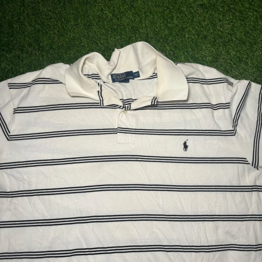 Polo Ralph Lauren Mens 4XLT Tall Striped Polo Shirt White Navy Blue Cotton Pique
